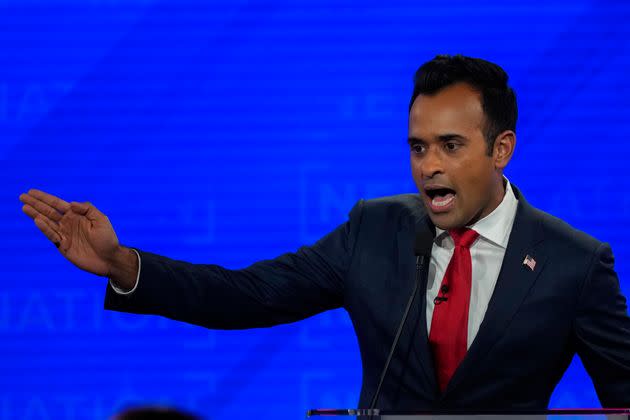 Republican presidential candidate Vivek Ramaswamy speaks during a Republican presidential primary debate hosted by NewsNation on Wednesday, Dec. 6, 2023, at the Moody Music Hall at the University of Alabama in Tuscaloosa, Alabama.