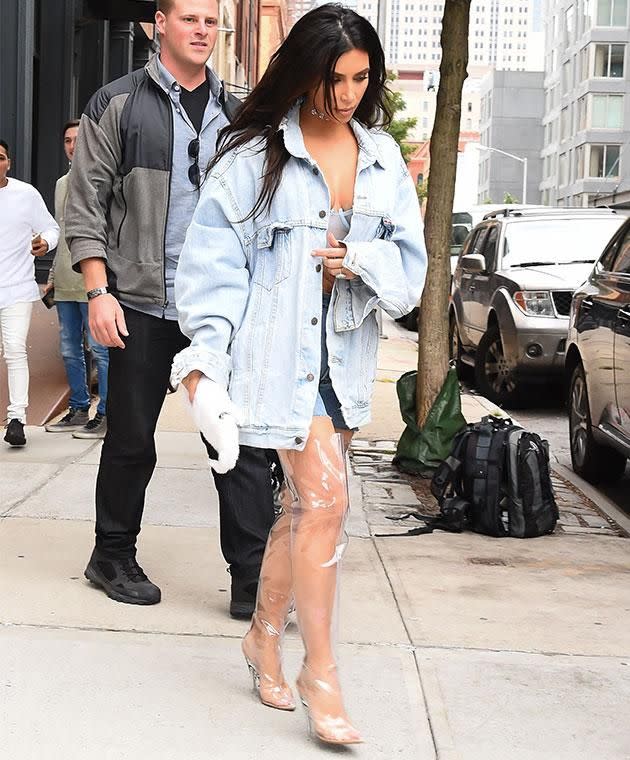 Kim's bizarre thigh-high plastic boots divided fashionistas. Photo: Getty images