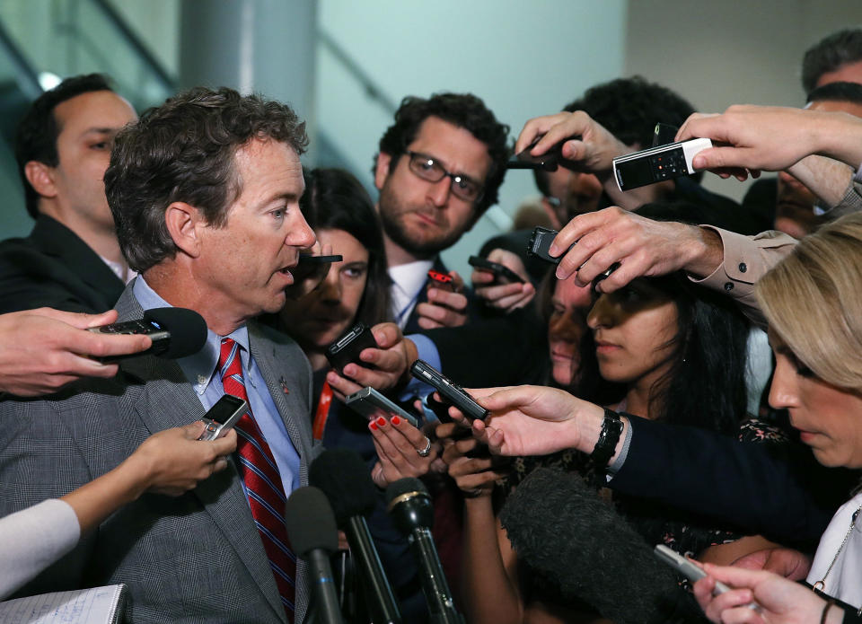 WASHINGTON, DC - SEPTEMBER 04:  U.S. Sen. Rand Paul (R-KY) talks to reporters after leaving a closed door meeting about Syria at the U.S. Capitol on September 4, 2013 in Washington, DC. Later today Senate Foreign Relations Committee is expected to to vote on a resolution that would give U.S, President Barack Obama a limited window for a military operation in response to what the U.S. says was the Syrian government's use of chemical weapons against civilians.  (Photo by Mark Wilson/Getty Images)