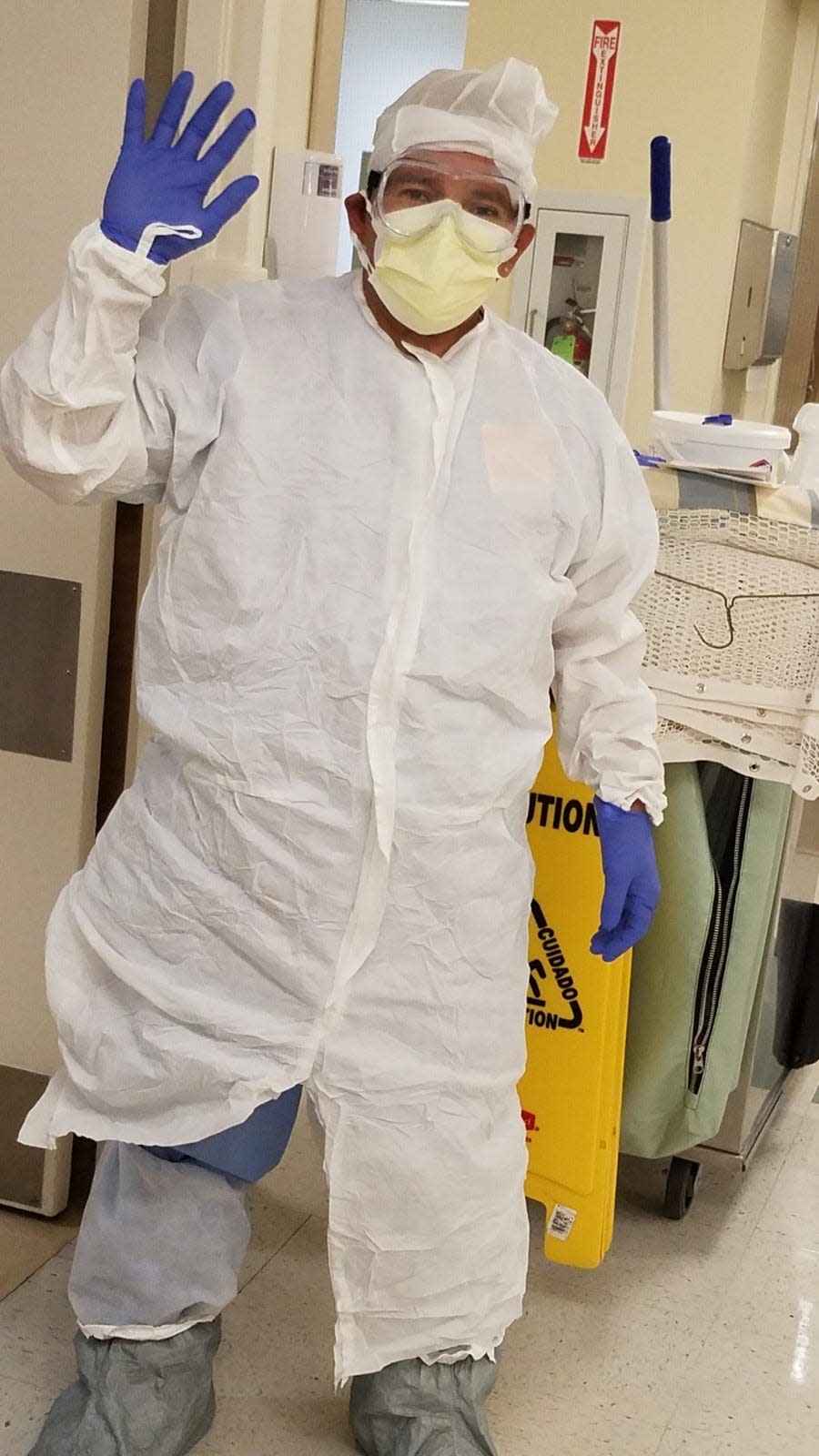 Justo Mejia wearing protective equipment while working at Northridge Hospital Medical Center in Los Angeles on April 5, 2020.