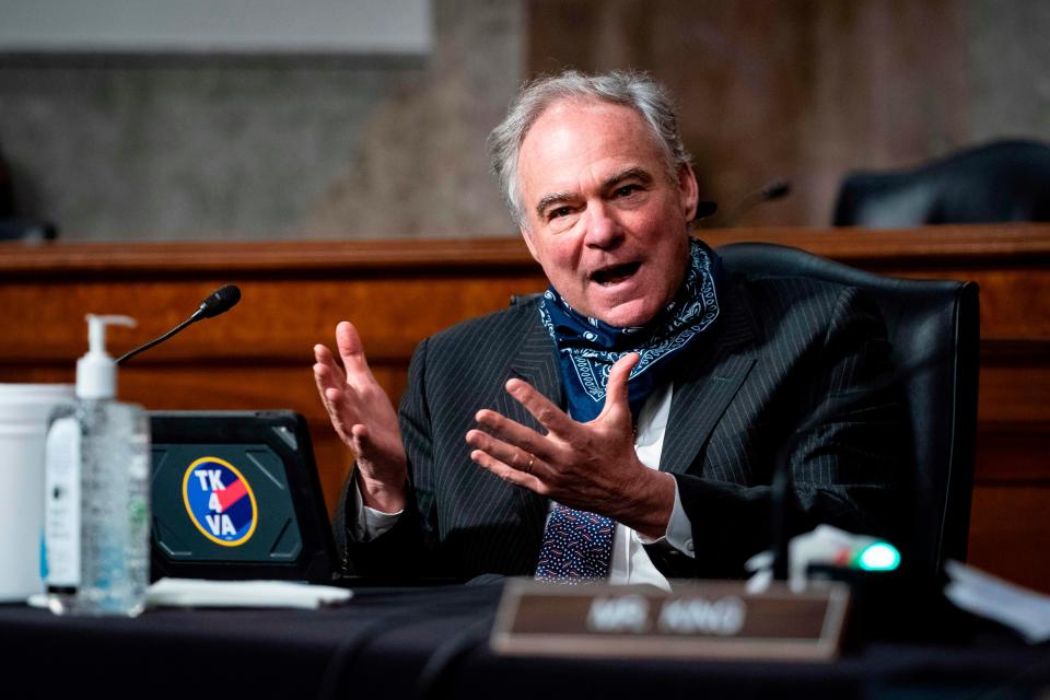 Sen. Tim Kaine, D-Va., speaks during a Senate Armed Services nominations hearing Thursday, May 7, 2020, on Capitol Hill in Washington.