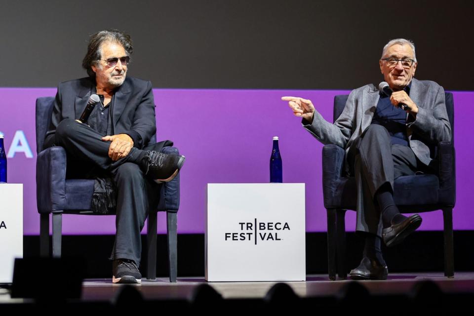 NEW YORK, NEW YORK - JUNE 17: Al Pacino and Robert De Niro speak on stage at the "Heat" Premiere during 2022 Tribeca Festival at United Palace Theater on June 17, 2022 in New York City. (Photo by Dimitrios Kambouris/Getty Images for Tribeca Festival)