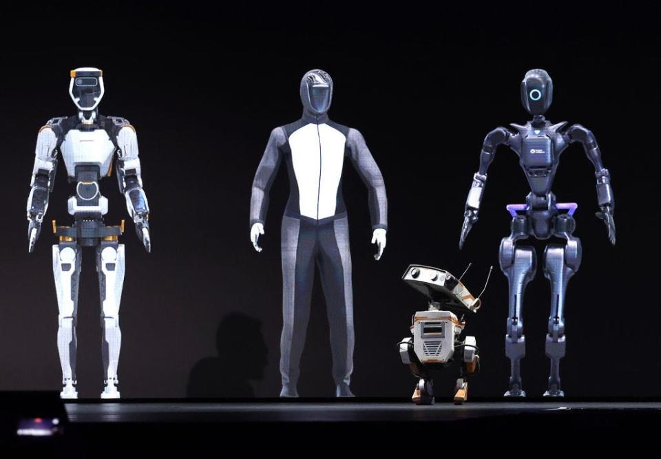 A robot appears on stage as Nvidia CEO Jensen Huang delivers a keynote address during the Nvidia GTC Artificial Intelligence Conference at SAP Center on March 18, 2024 in San Jose, California.