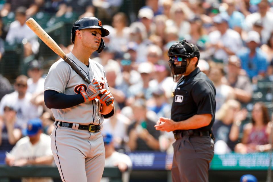 Detroit Tigers first baseman Spencer Torkelson (20) reacts after striking out against the Seattle Mariners during the first inning at T-Mobile Park in Seattle, Washington on July 16, 2023.