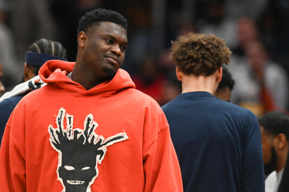 New Orleans Pelicans forward Zion Williamson stands with teammates during the first half against the Washington Wizards at Capital One Arena on Jan. 9, 2023. (Tommy Gilligan/USA TODAY Sports)