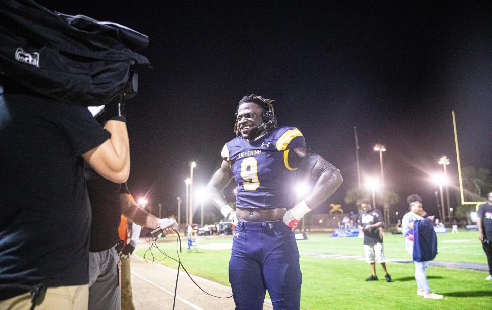 Richard Young of the Lehigh football is interviewed by ESPN following a win against Lake Gibson on Friday, Sept. 9, 2022.  The game was televised by ESPN.