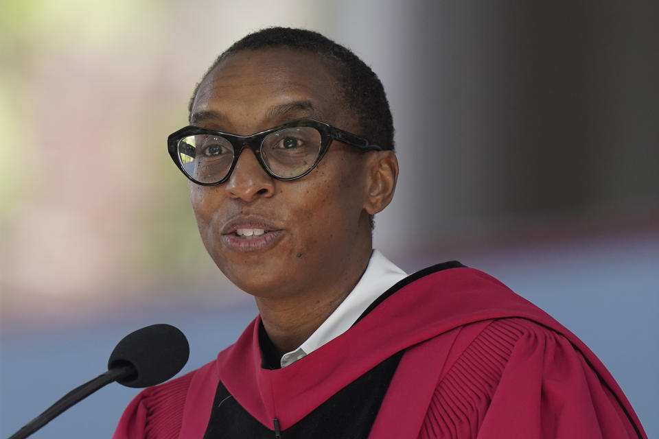 FILE - Then-Edgerley Family Dean of Harvard's Faculty of Arts and Sciences Claudine Gay addresses an audience during commencement ceremonies, May 25, 2023, on the school's campus in Cambridge, Mass. Gay, Harvard University's president, resigned Tuesday, Jan. 2, 2024, amid plagiarism accusations and criticism over testimony at a congressional hearing where she was unable to say unequivocally that calls on campus for the genocide of Jews would violate the school’s conduct policy. (AP Photo/Steven Senne, File)