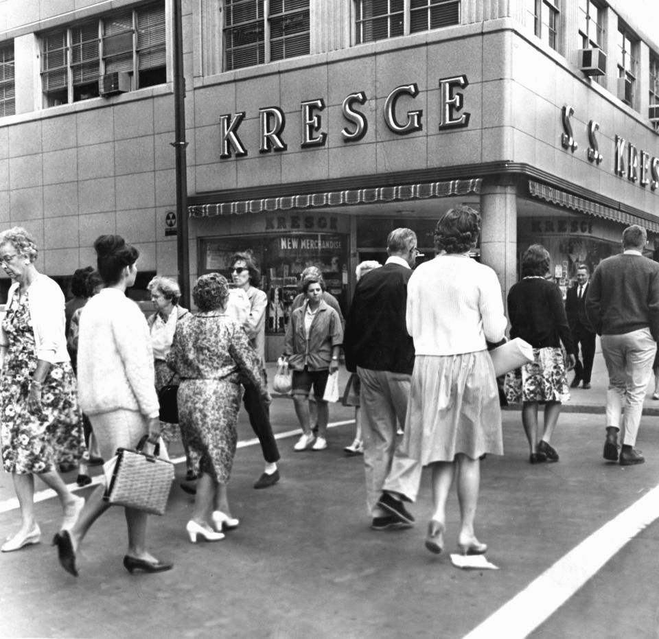 People crossing State Street by the Kresge store, about 1955.