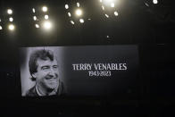 A picture of former England player and coach Terry Venables is shown on the video screen at the end of the English Premier League soccer match between Tottenham Hotspur and Aston Villa at the Tottenham Hotspur stadium in London, Sunday, Nov. 26, 2023. Venables has passed away, it was announced Sunday. (AP Photo/Kirsty Wigglesworth)