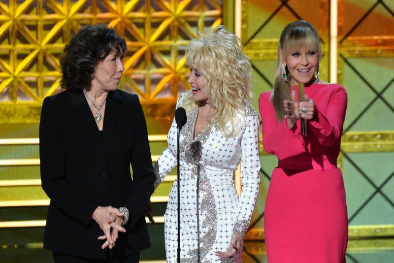 Lily Tomlin, Dolly Parton and Jane Fonda, from left to right, attend the Primetime Emmy Awards in 2017. File Photo by Jim Ruymen/UPI