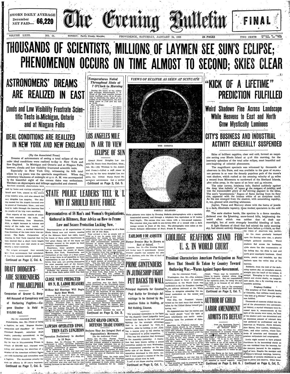 The Evening Bulletin front page of Jan. 24, 1925, documents the total solar eclipse seen that morning throughout Rhode Island. On April 8,  the first total solar eclipse visible in New England since then will be seen as a partial eclipse in the Ocean State.