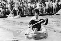 <p>David Letterman competes in a kayak race during the <em>Battle of The Network Stars</em> in Malibu, California, 1978.</p>