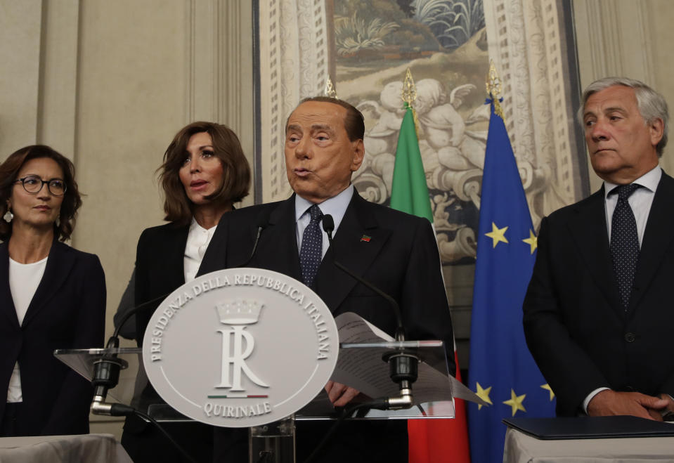 Forza Italia party leader Silvio Berlusconi talks to the press after meeting Italian President Sergio Mattarella, in Rome, Thursday, Aug. 22, 2019. President Sergio Mattarella continued receiving political leaders Thursday, to explore if a solid majority with staying power exists in Parliament for a new government that could win the required confidence vote. (AP Photo/Alessandra Tarantino)