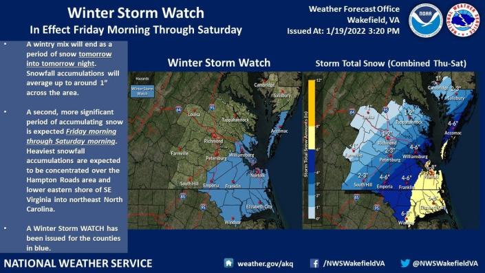 These National Weather Service images show the expected path and snow accumulations from the winter storm Friday evening.