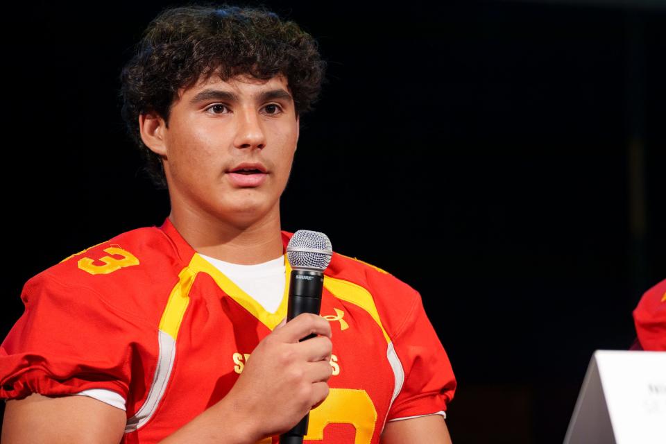 Seton Catholic's Nico Pastore answers questions during Catholic High School Football Media Day at Brophy College Prep on Aug. 5, 2023, in Phoenix.