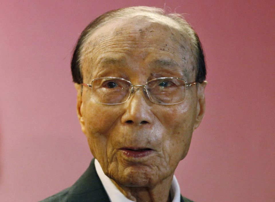 In this Tuesday, Sept, 28, 2010 photo, Hong Kong movie producer Run Run Shaw poses for a photograph during the Run Run Shaw prize presentation ceremony in Hong Kong. Pioneering Hong Kong movie producer Run Run Shaw has died at the age of 107. No cause of death was given in a statement from Television Broadcasts Limited (TVB), which Shaw helped found in 1967. (AP Photo/Kin Cheung)