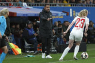 Brann's head coach Martin Peter Ho reacts during the women's Champions League quarterfinals, second leg, soccer match between FC Barcelona and SK Brann Kvinner at the Estadi Johan Cruyff in Barcelona, Spain, Thursday, March 28, 2024. (AP Photo/Joan Monfort)