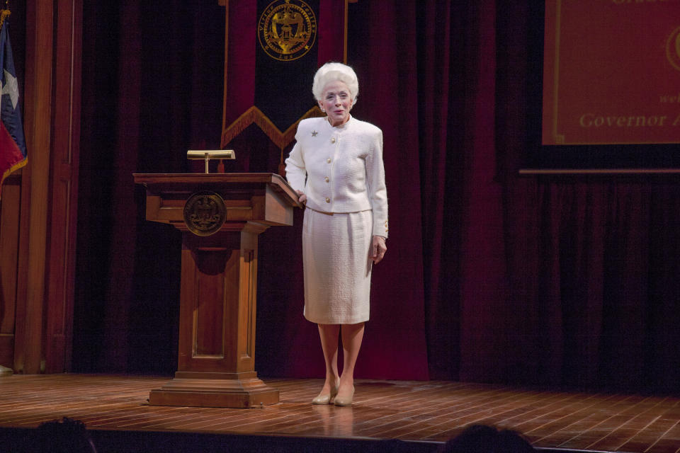 This image released by PBS shows Holland Taylor portraying the late Texas Gov. Ann Richards in a scene from "Ann," an adaption of the Tony-nominated play, premiering Friday, June 19. on PBS. (Ave Bonar/PBS via AP)