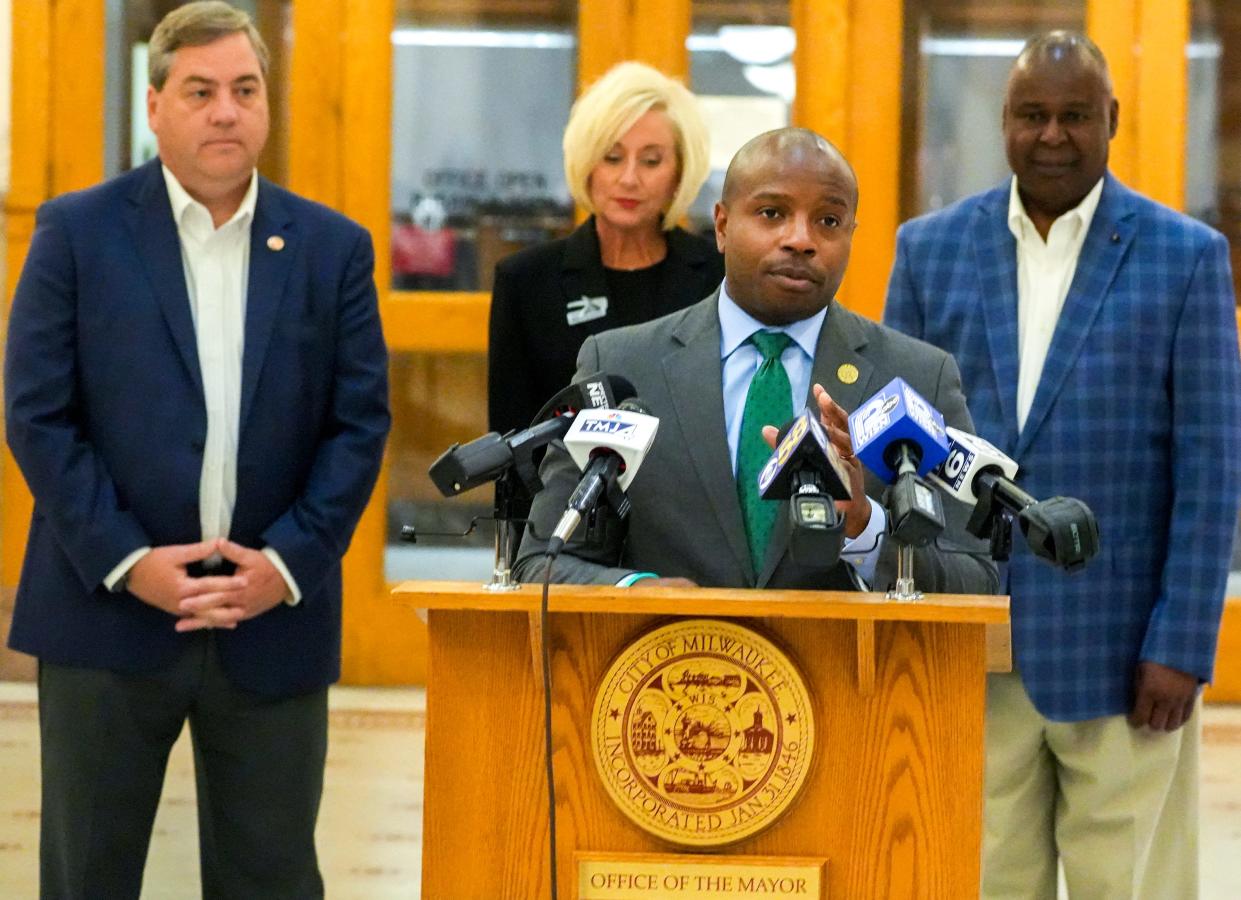 Mayor Cavalier Johnson discusses the Republican National Committee's move to bring the 2024 national convention to Milwaukee during a press conference Friday, July 15, 2022, at City Hall. The RNC's site committee announced Friday it had selected Milwaukee. The full RNC is expected to approve the convention's location in August.  With Johnson are (from left) Paul Farrow, chairman of the Wisconsin Republican Party; Peggy 
Williams-Smith, president and chief executive of VISIT Milwaukee; and Gerard Randall, Republican Party of Wisconsin vice-chairman.