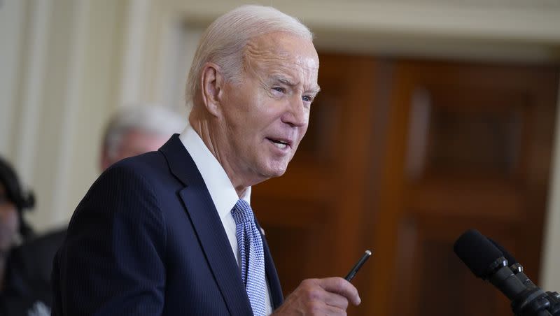 President Joe Biden speaks on the anniversary of the Inflation Reduction Act during an event in the East Room of the White House, Wednesday, Aug. 16, 2023, in Washington.