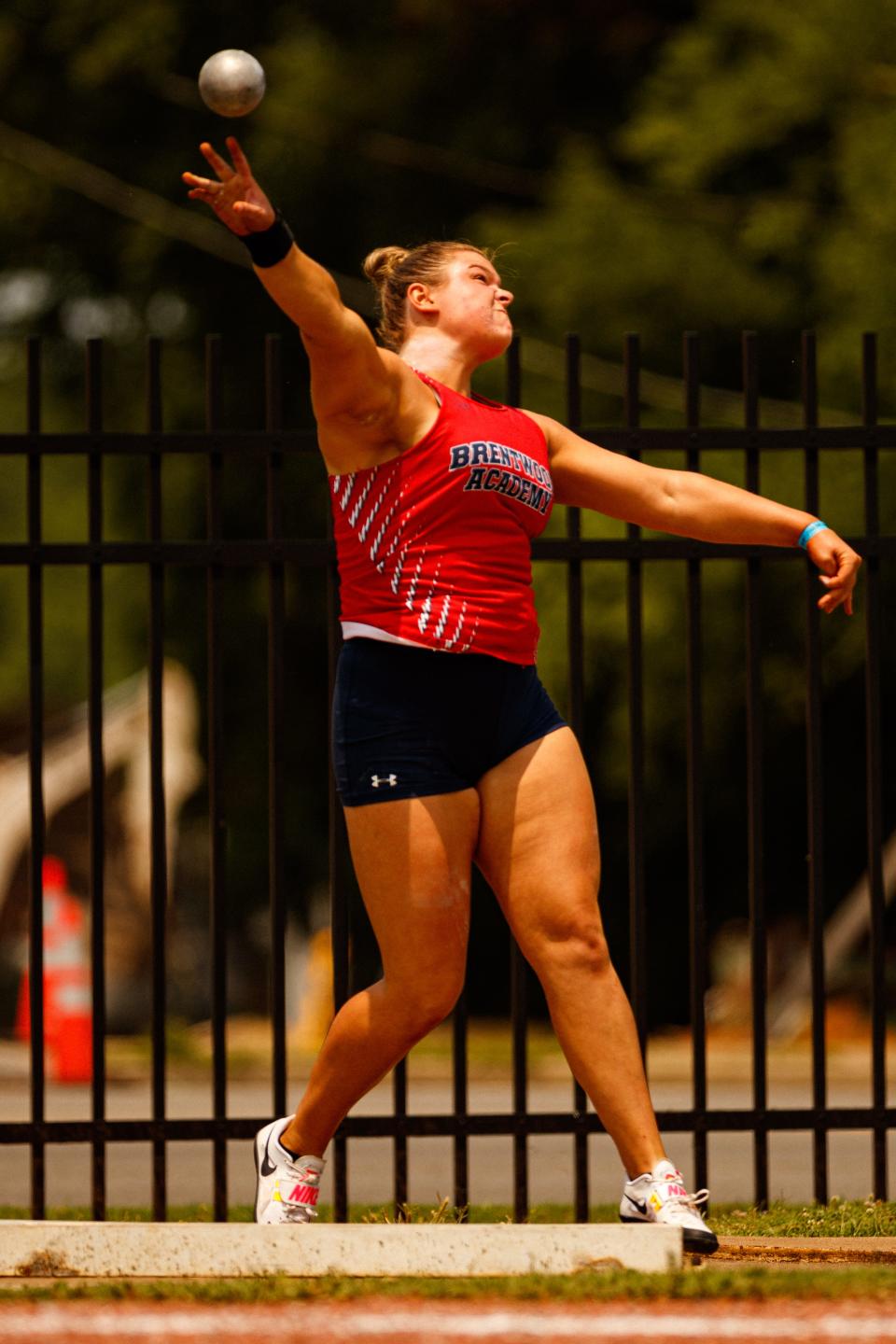 Mensi Stiff from Brentwood Academy throws shot put during the 2023 TSSAA Division II-AA girls track state championship at the Dean A. Hayes Track and Soccer Stadium in Murfreesboro, Tenn. on May. 24, 2023. 