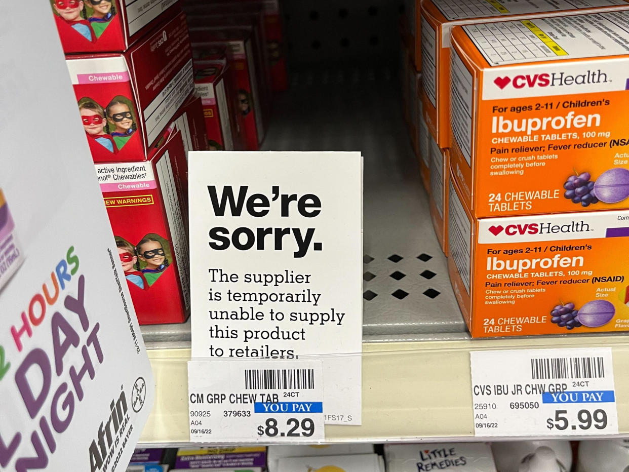 A surge in flu and respiratory illnesses are creating medication shortages, including this South Florida pharmacy with no children's Tylenol in stock on Friday, Dec. 9, 2022. (Cindy Krischer Goodman/South Florida Sun Sentinel/Tribune News Service via Getty Images)
