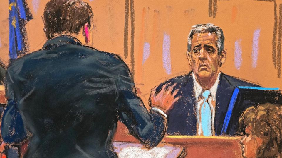 PHOTO: Michael Cohen is cross examined by defense lawyer Todd Blanche before Justice Juan Merchan, as former President Donald Trump watches during Trump's trial in Manhattan state court in New York City, May 14, 2024, in this courtroom sketch. (Jane Rosenberg/Reuters)