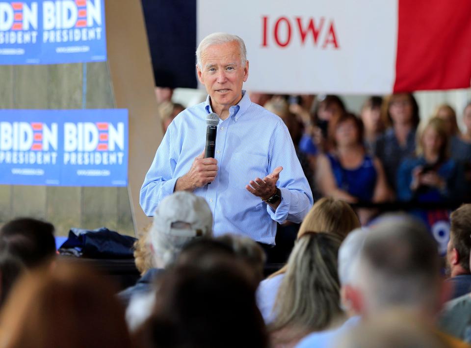 Former Vice President Joe Biden campaigns in a packed hall in Ottumwa, Iowa Tuesday, June 11, 2019. (Via OlyDrop)