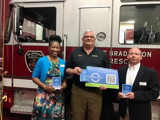 The Bradenton Fire Department has joined multiple first responders in Manatee and Sarasota counties by adopting Making An Impact’s Community Connections Resource Guide. From left, Making An Impact founder Victoria Kasdan, Chief Tim Greer and MAI board member Art Isaacson.