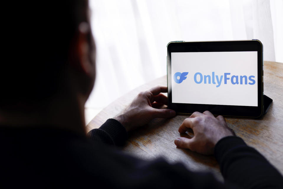 LONDON, ENGLAND - NOVEMBER 16: The OnlyFans Logo is displayed on a tablet at the OnlyFans creative fund filming event on November 16, 2022 in London, England. (Photo by John Phillips/Getty Images for OnlyFans)