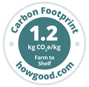 HowGood’s Carbon Footprint impact label is a measure of the greenhouse gas emissions (GHGs) of a product, from Cradle-to-shelf. It communicates the carbon footprint of a product by quantifying the GHG emissions generated in kilograms of carbon dioxide equivalent per kilogram of product (kg CO2e / kg).