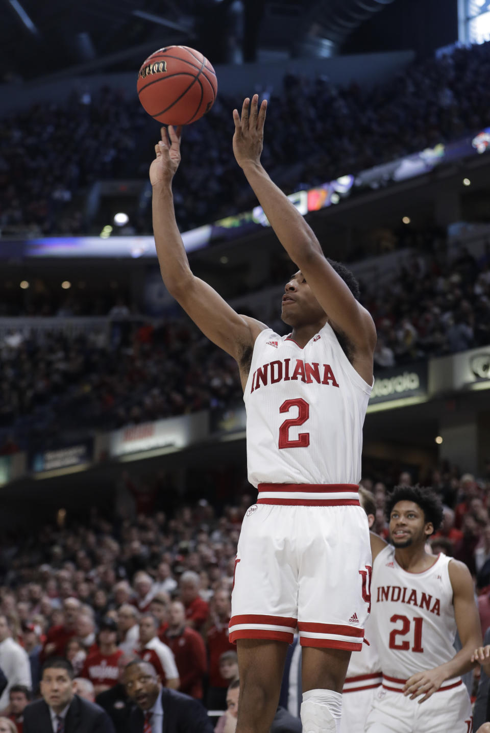 Indiana's Armaan Franklin (2) puts up the game winning shot during the second half of an NCAA college basketball game against Notre Dame, Saturday, Dec. 21, 2019. Indiana won 62-60 (AP Photo/Darron Cummings)