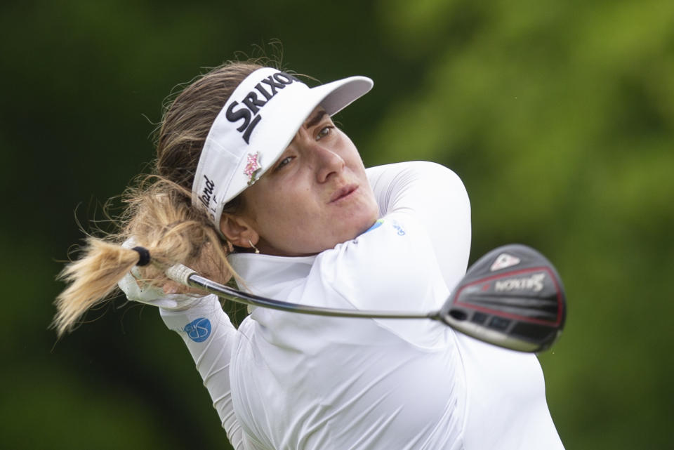 Hannah Green, of Australia, hits a drive on the 10th hole during the final round of the KPMG Women's PGA Championship golf tournament, Sunday, June 23, 2019, in Chaska, Minn. (AP Photo/Andy Clayton-King)