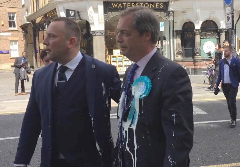 Nigel Farage reportedly got stuck on his Brexit Party campaign bus after people armed with milkshakes surrounded him.The politician is said to have refused to leave the vehicle just days after he was covered in banana and salted caramel milkshake in Newcastle.More follows…