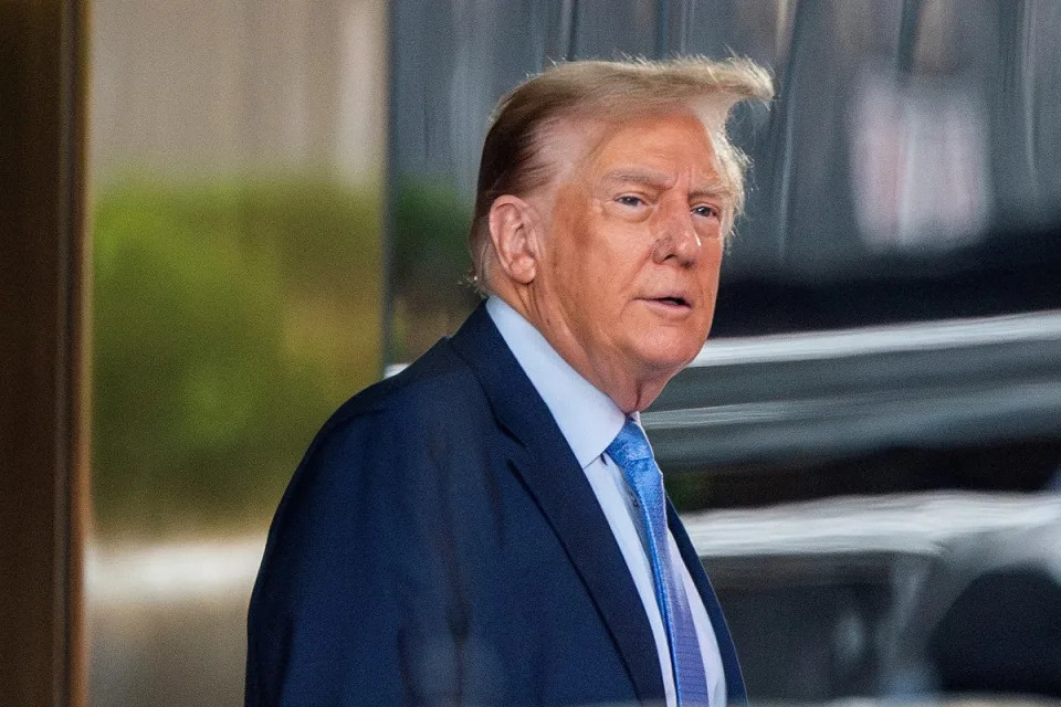 Former US president Donald Trump exits Trump Tower to attend his hush money criminal trial on 26 April 2024 (Reuters)