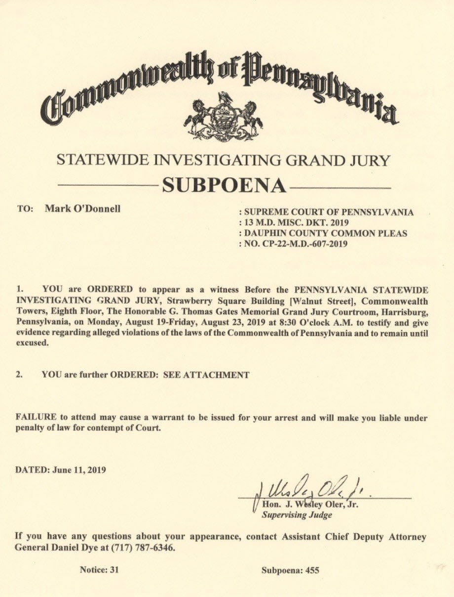 A copy of the subpoena Mark O'Donnell said he received from the statewide investigating grand jury.