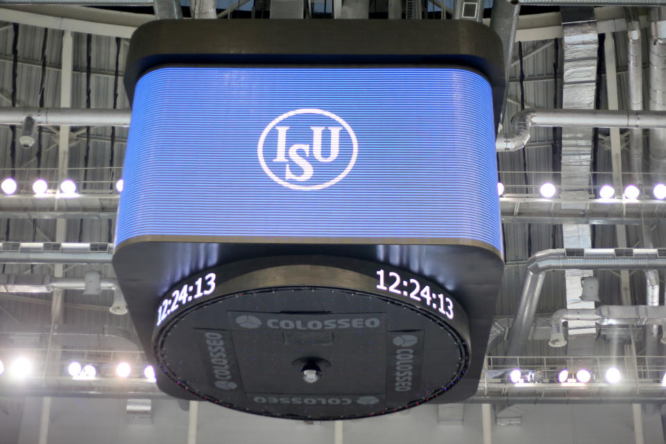 ALMATY, KAZAKHSTAN - DECEMBER 09: The video cube with the ISU logo during the ISU Short Track World Cup Day 2 at Halyk Arena on December 9, 2018 in Almaty, Kazakhstan. (Photo by Christof Koepsel - International Skating Union/International Skating Union via Getty Images)