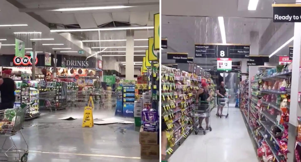 Rain pours from a Woolworths ceiling in Melbourne's Templestowe as customers shop.