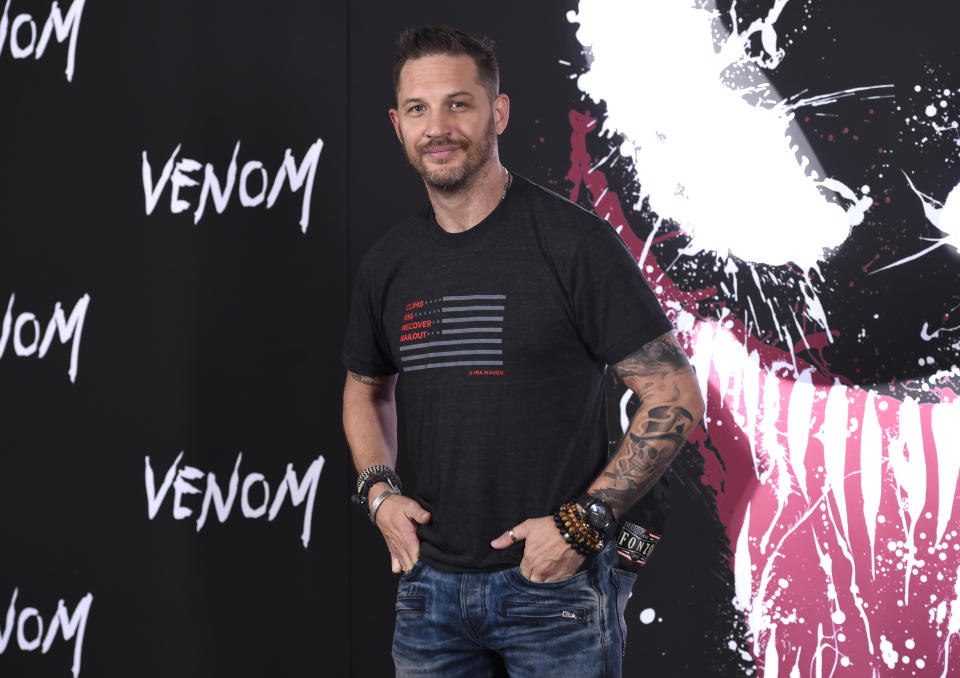 FILE - Tom Hardy attends a photo call for "Venom" on Sept. 27, 2018, in Los Angeles. Hardy turns 45 on Sept. 15. (Photo by Chris Pizzello/Invision/AP, File)