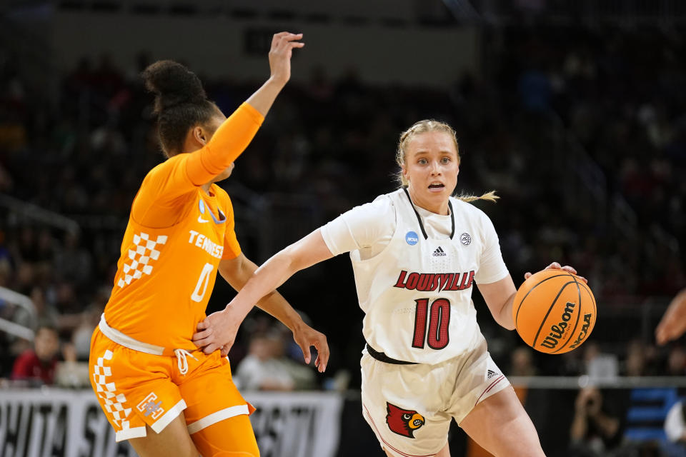 Louisville’s Hailey Van Lith drives past Tennessee’s Brooklynn Miles during the first half of a college basketball game in the Sweet 16 round of the NCAA women’s tournament. - Credit: AP