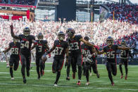 Atlanta Falcons cornerback Dee Alford, (37) celebrates his interception with teammates after his interception during the second half of an NFL football game against the Cleveland Browns, Sunday, Oct. 2, 2022, in Atlanta. The Atlanta Falcons won 23-20. (AP Photo/Danny Karnik)