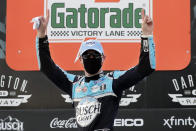 Kevin Harvick celebrates after winning the NASCAR Cup Series auto race Sunday, May 17, 2020, in Darlington, S.C. (AP Photo/Brynn Anderson)