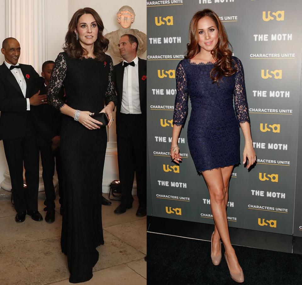 <p>Before her days as a member of the royal family, the Suits actress wore a short version of the ever so popular Diane Von Furstenberg "Zarita" dress. Then, in 2017, Kate wore a longer version of the dress in black to a gala in London. </p>