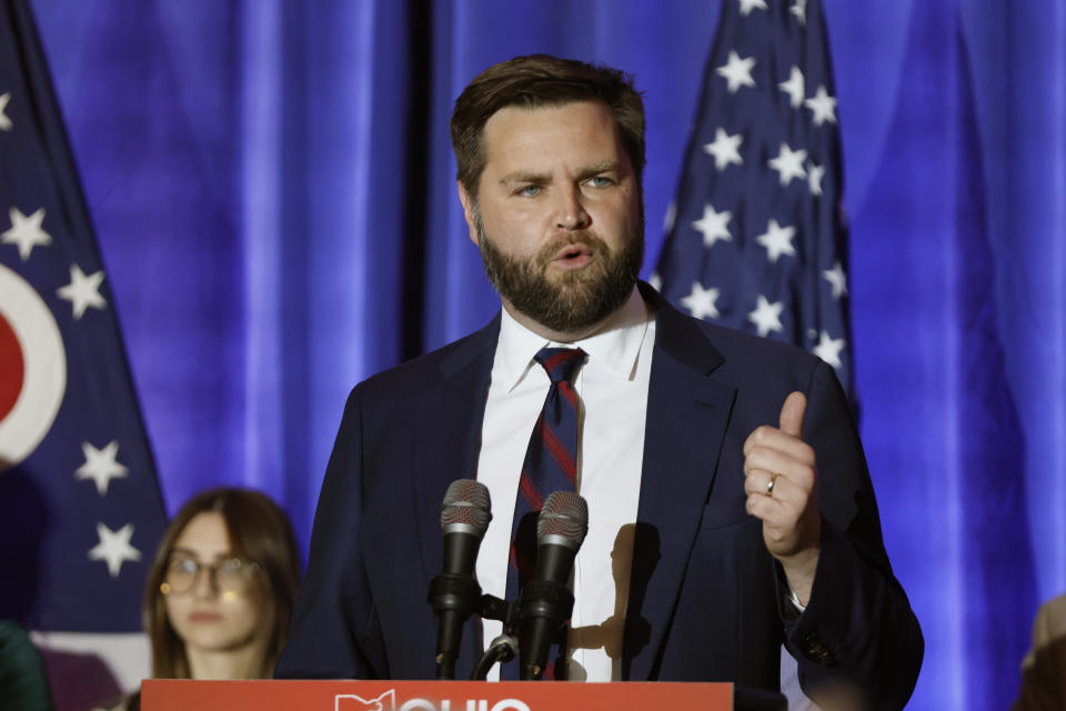 Republican U.S. Sen.-elect JD Vance speaks during an election night party Tuesday, Nov. 8, 2022, in Columbus, Ohio. (AP Photo/Jay LaPrete)