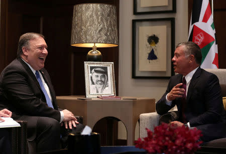 U.S. Secretary of State Mike Pompeo meets with Jordan's King Abdullah II at the Royal Palace in Amman, Jordan April 30, 2018. Khalil Mazraawi/Pool via Reuters