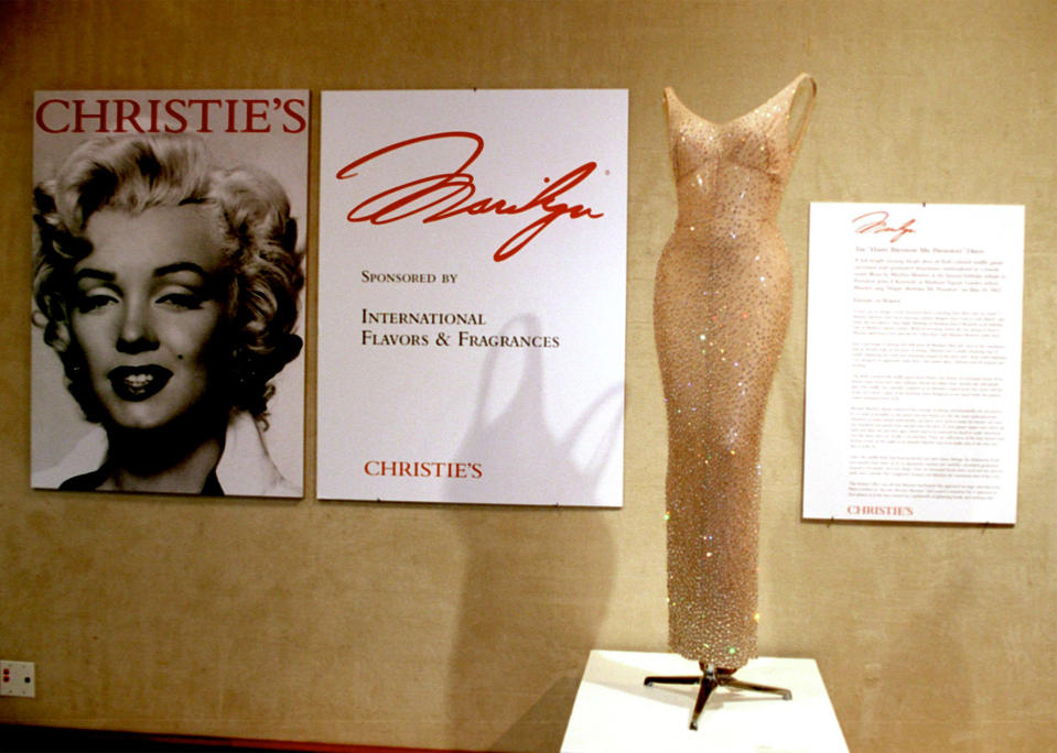 Photo by: Getty Images<br>Marilyn Monroeâ€™s Jean Louis dress (1962)-<br>This is the famous silk and rhinestone gown Marilyn Monroe wore when she sang â€œHappy Birthdayâ€ to President John F. Kennedy at Madison Square Garden. Monroe wore nothing under the dress, and it was so tight she had to be sewn into it. The dress recently set a new record for auction prices at Christie's New York sale of Monroe's personal property bringing in $1.26 million.