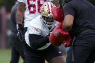 San Francisco 49ers defensive tackle Javon Hargrave takes part in a drill during an NFL football practice, Wednesday, June 7, 2023, in Santa Clara, Calif. (AP Photo/Godofredo A. Vásquez)