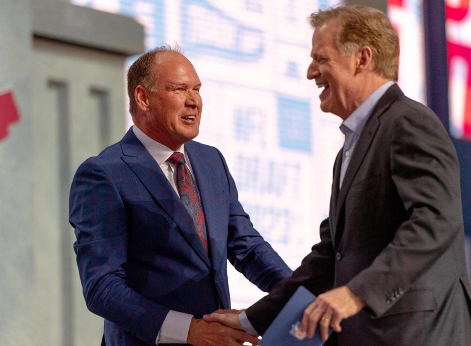 Kansas head football coach Lance Leipold greets NFL Commissioner Roger Goodell during the NFL Draft outside of Union Station on Thursday, April 27, 2023, in Kansas City.