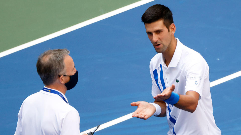 Novak Djokovic is seen here pleading with an official at the US Open.