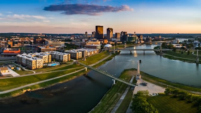 aerial of Dayton Ohio skyline